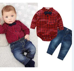 New red plaid shirts jeans baby boys clothes baby clothing set