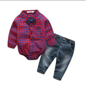 New red plaid shirts jeans baby boys clothes baby clothing set