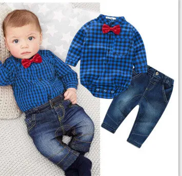New red plaid shirts jeans baby boys clothes baby clothing set