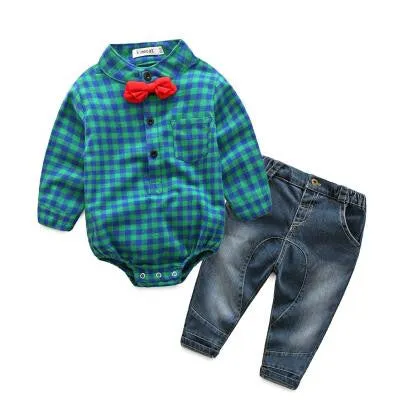 New red plaid shirts jeans baby boys clothes baby clothing set