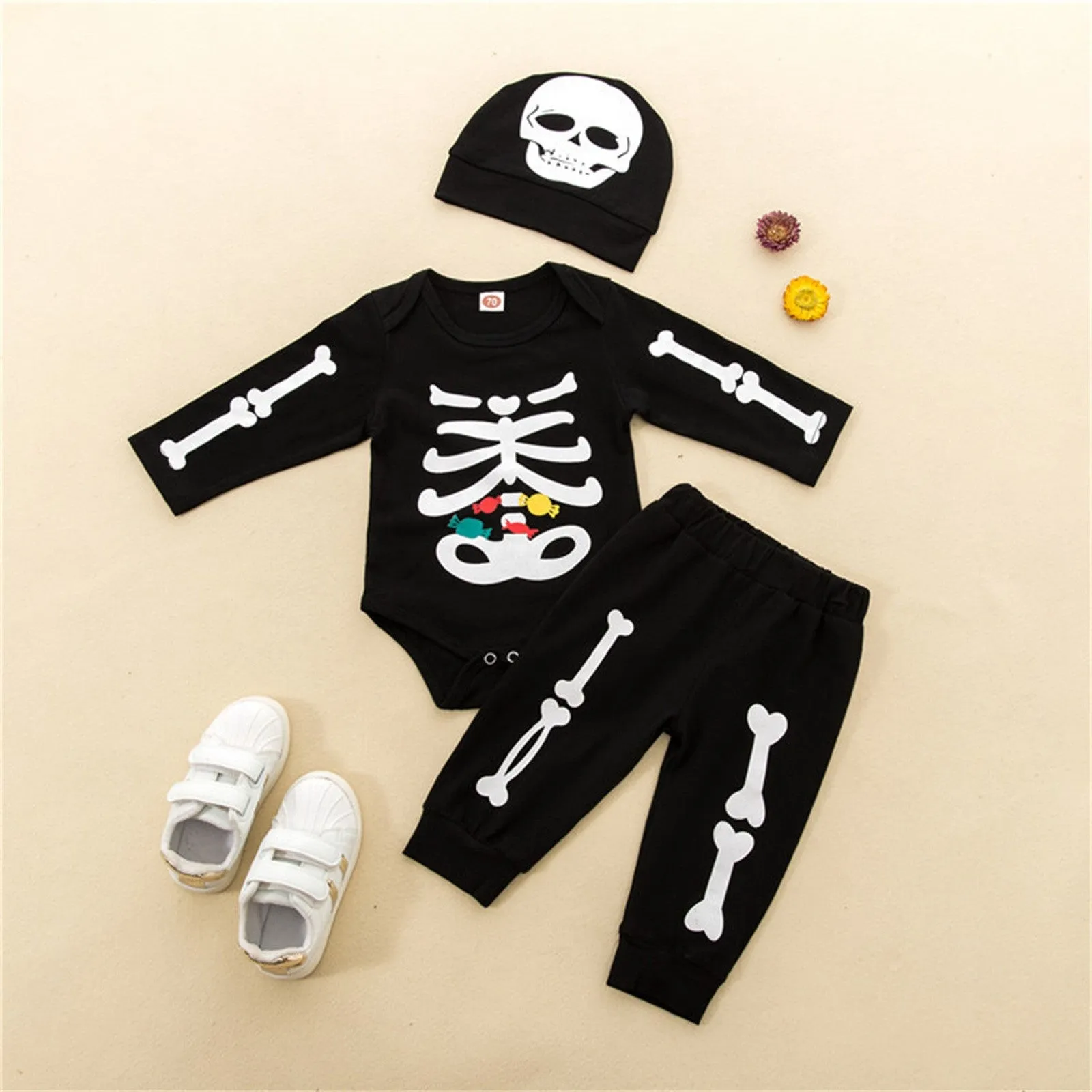 Newborn Infant Unisex Halloween Costumes 2022 Long Sleeve Skeleton Romper   Pants