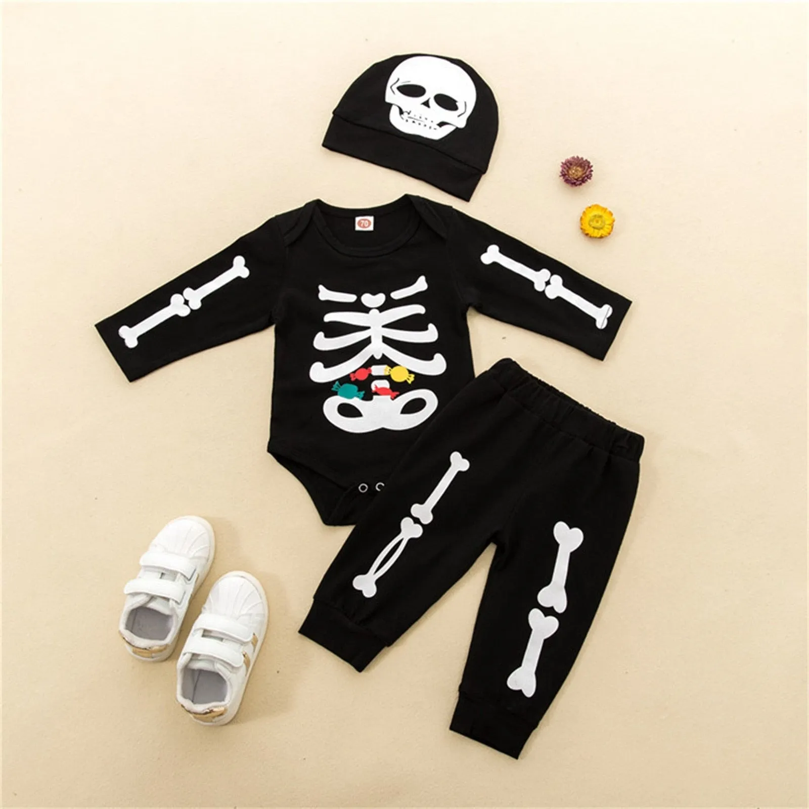 Newborn Infant Unisex Halloween Costumes 2022 Long Sleeve Skeleton Romper   Pants
