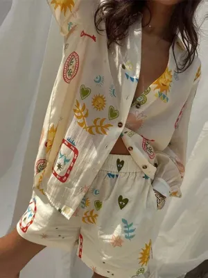 Nina™ - Vacation Printed Long Sleeve Shirt & Elastic Waist Shorts Set