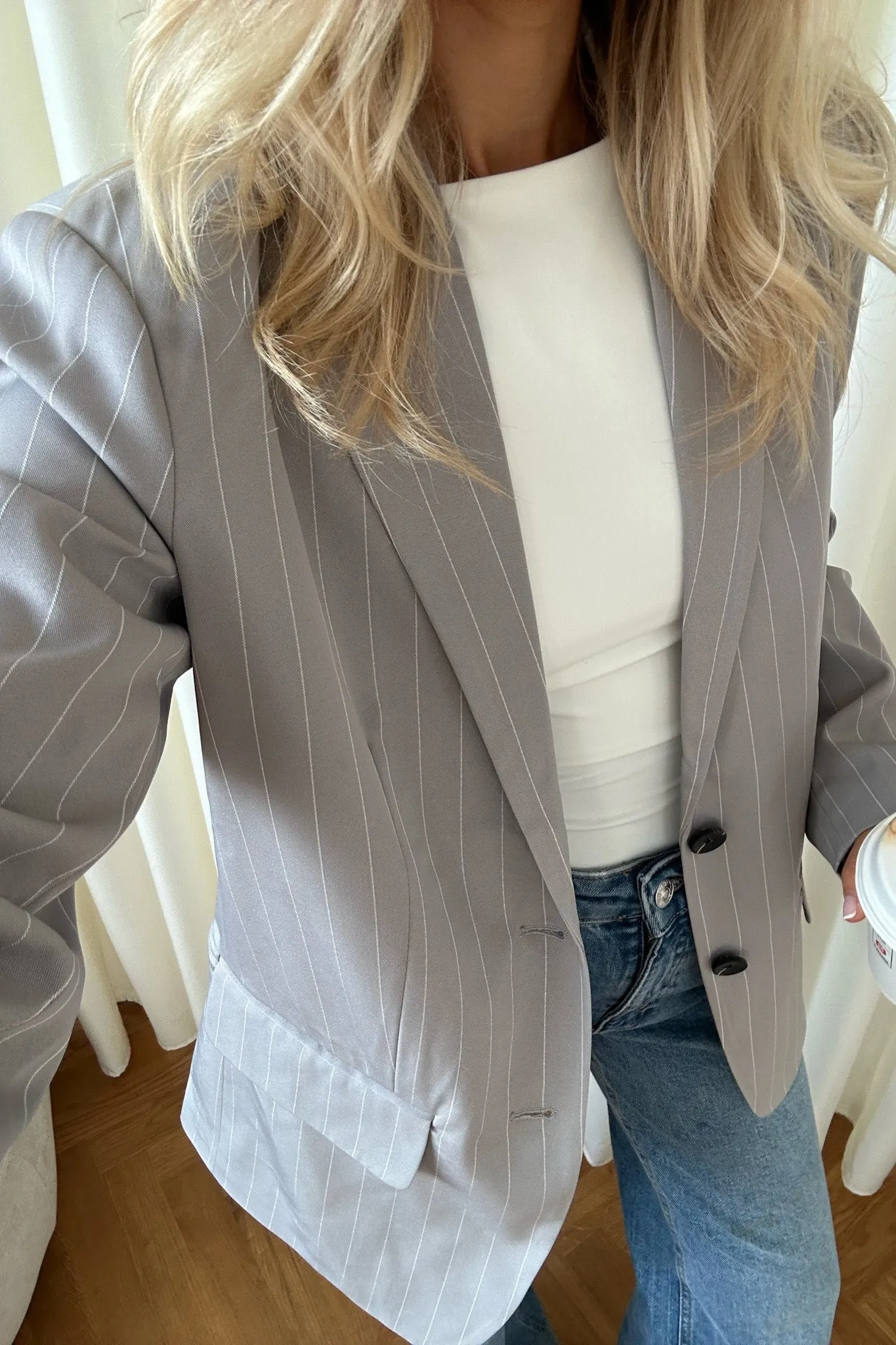 NMVera Oversized Blazer - Lysegrå Hvid Stribet