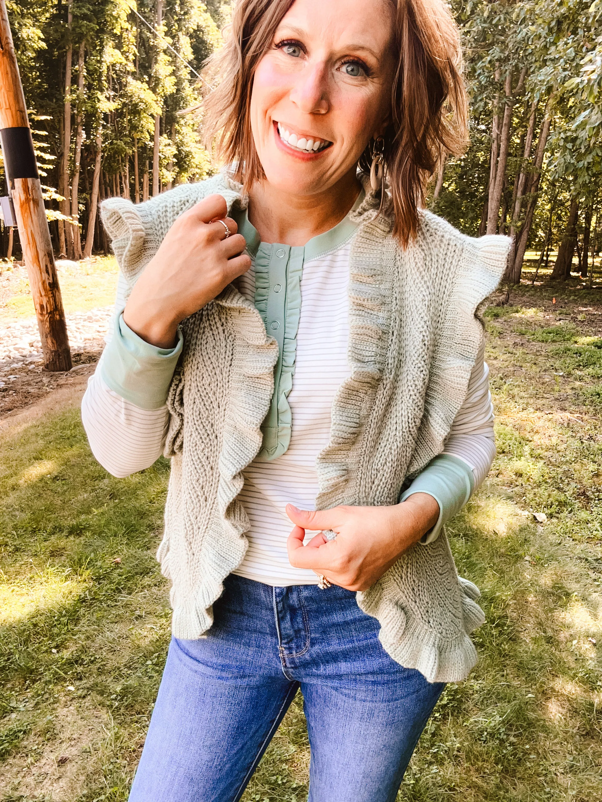 Off White   Sage Stripe Ruffle Henley Top
