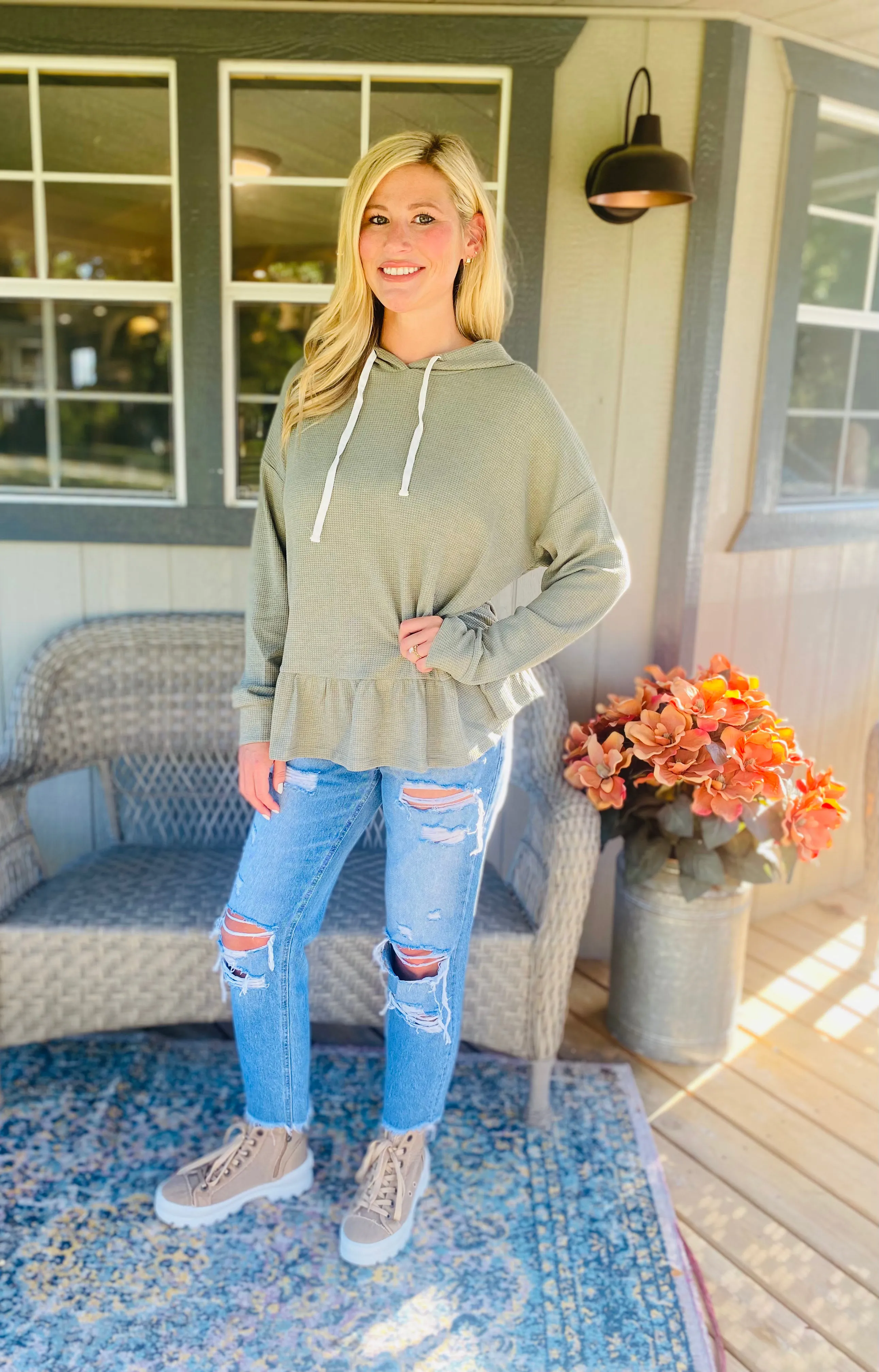 Olive Waffle Peplum Hoodie