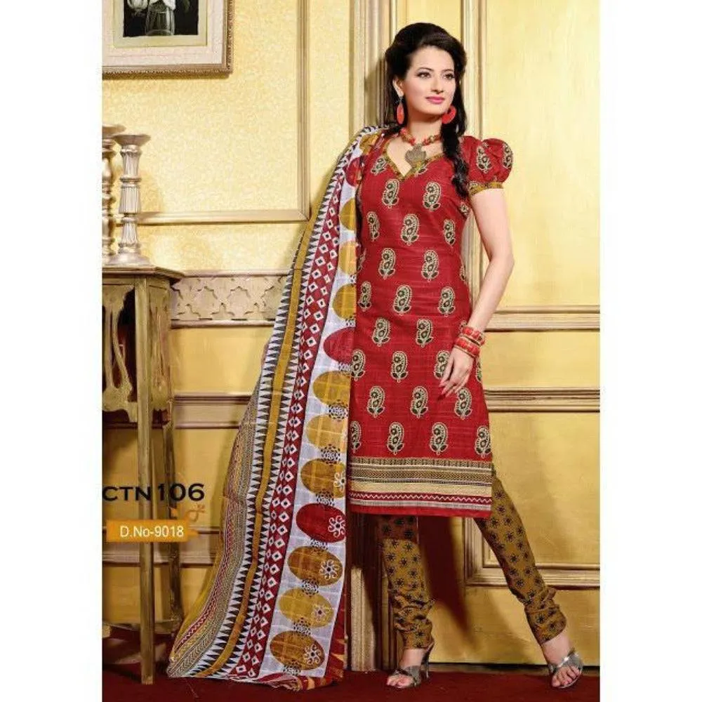Orange and Yellow Cotton Printed Salwar Kameez Dress Material