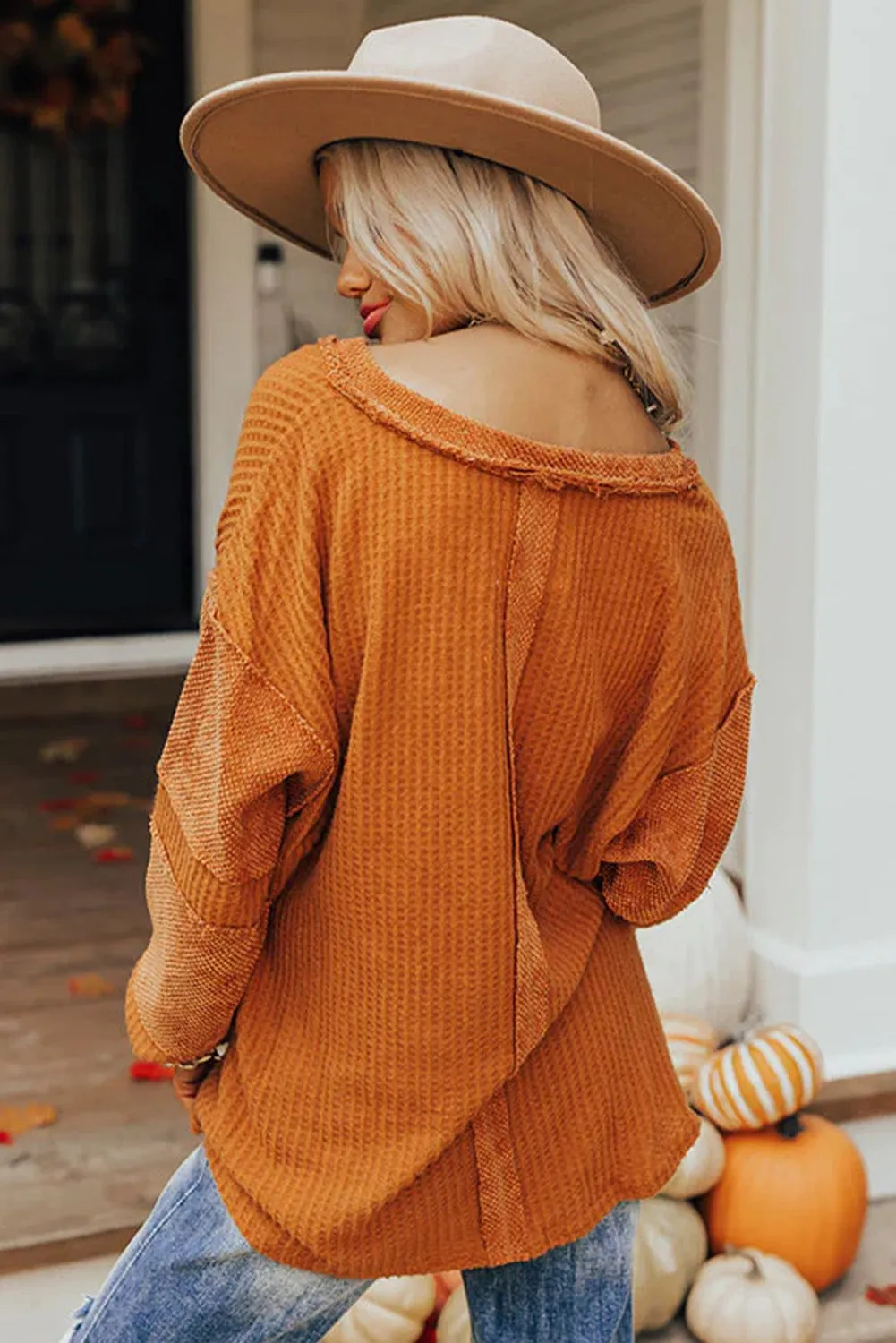Orange Gray Contrast Patched Waffle Knit Long Sleeve Henley Top
