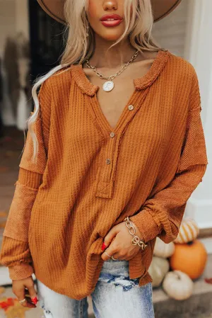Orange Gray Contrast Patched Waffle Knit Long Sleeve Henley Top