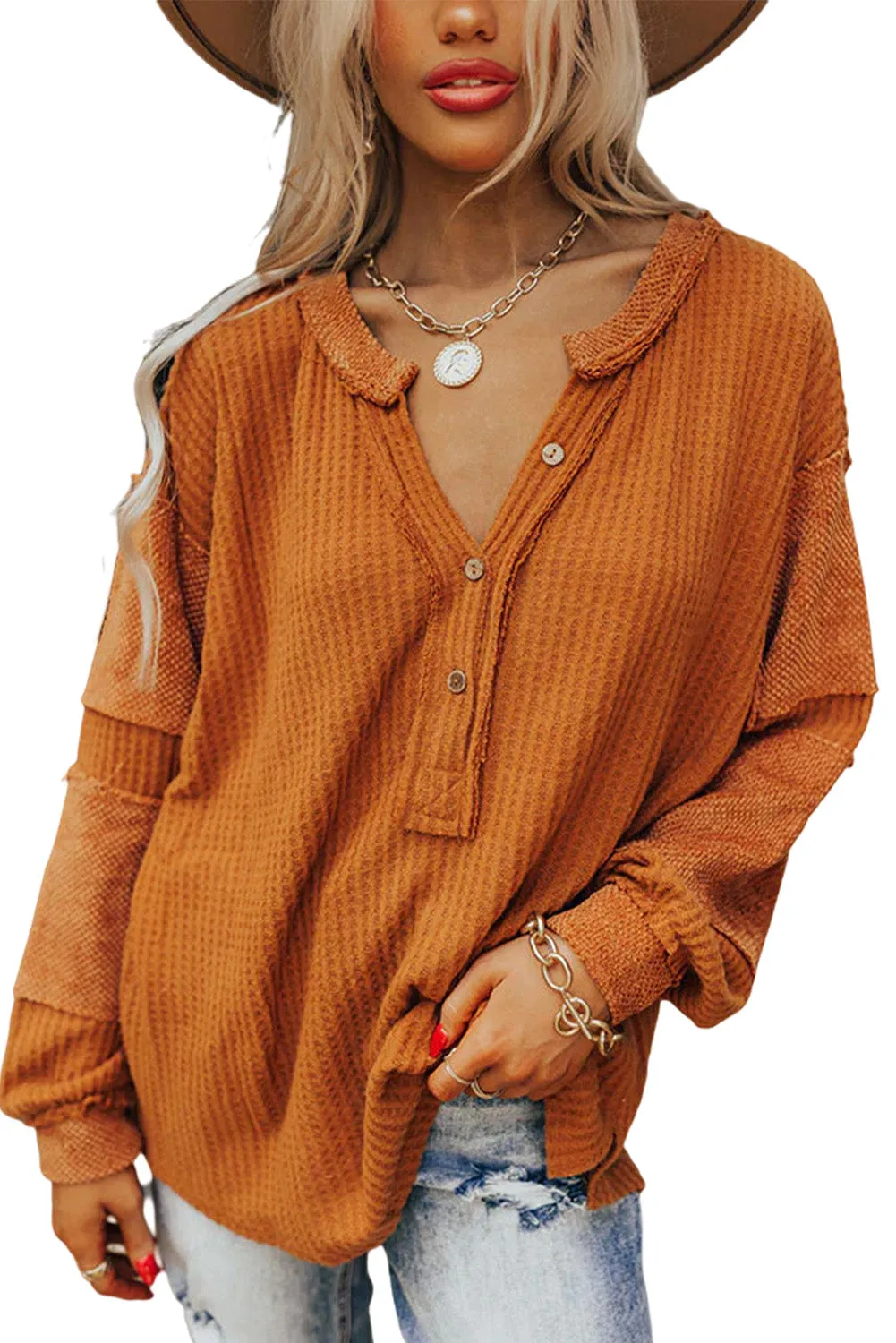 Orange Gray Contrast Patched Waffle Knit Long Sleeve Henley Top