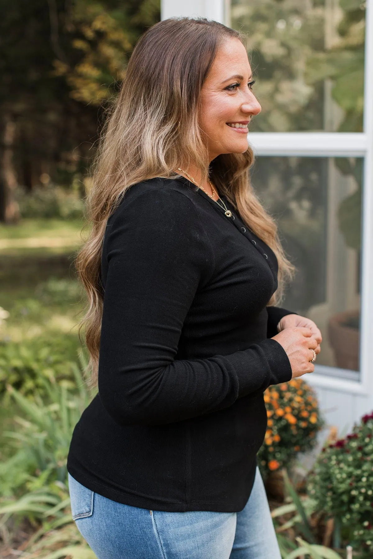 Out Of My Way Henley Top- Black