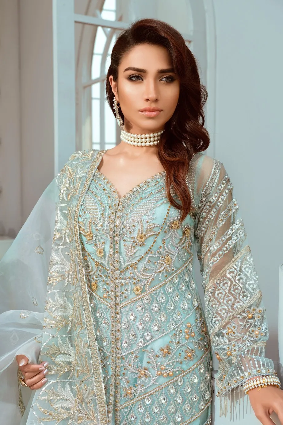 Pakistani Designer Chiffon Wear in Turquoise Color #N7031