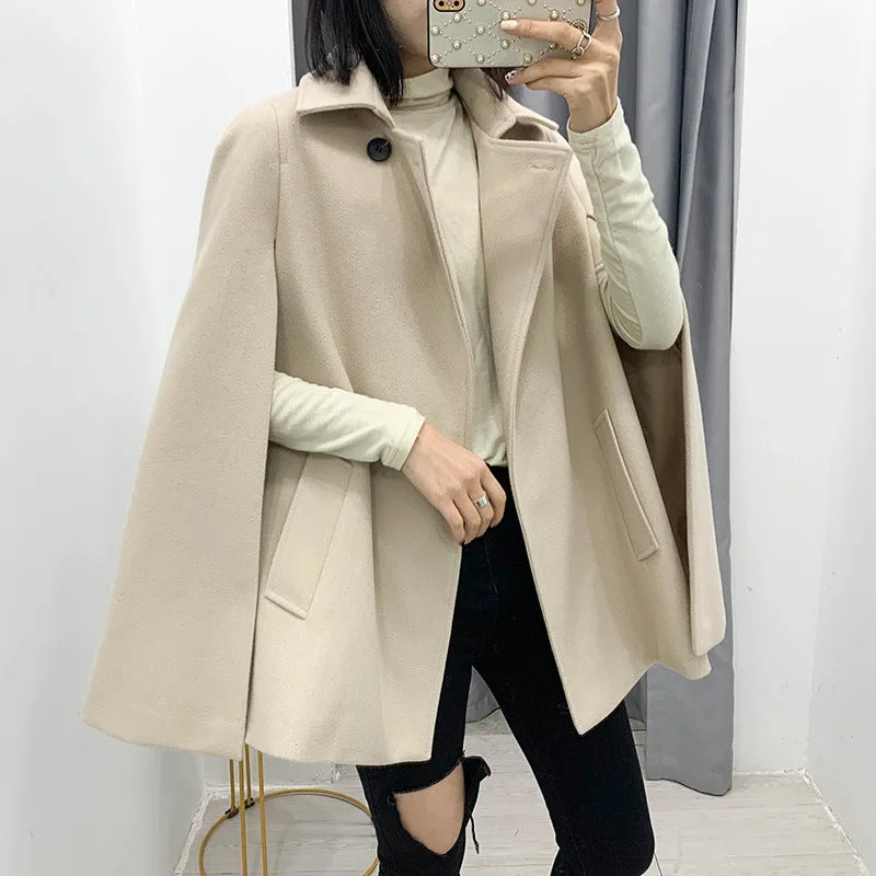Pile Collar Elegant Button Shawl Cape Outerwear