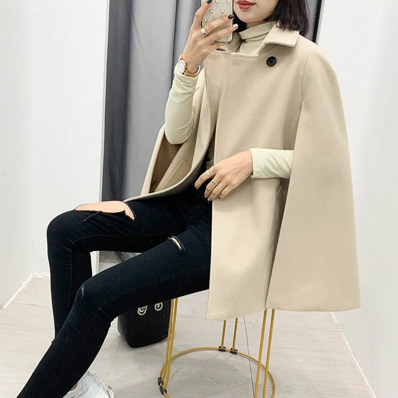 Pile Collar Elegant Button Shawl Cape Outerwear