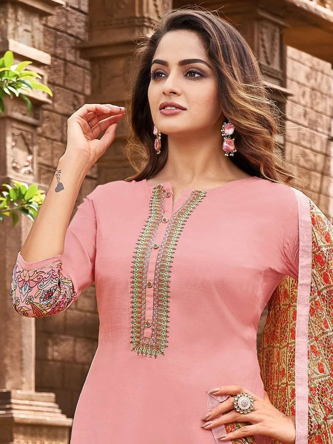 Pink Embroidered Unstitched Cotton Suit