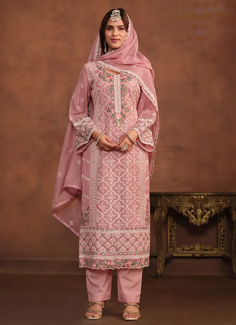 Pink Embroidery Straight Suit