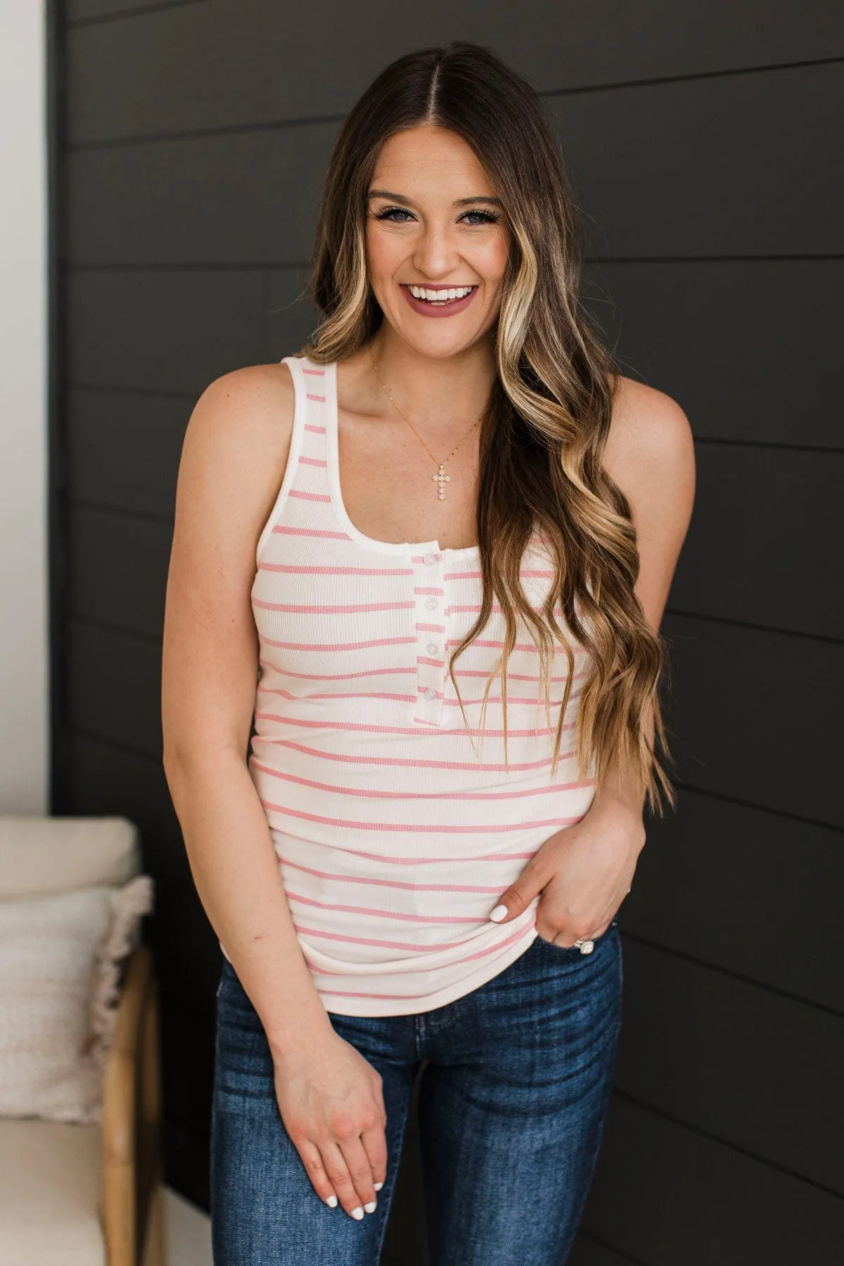 Pleasing Possibilities Striped Tank Top- Ivory & Pink