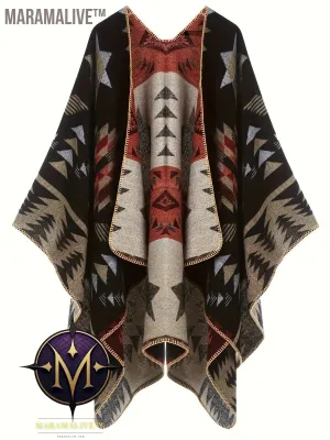 Plus Size Boho Coat, Women's Plus Aztec Print Batwing Sleeve Open Front Asymmetric Hem Shawl Cape Coat