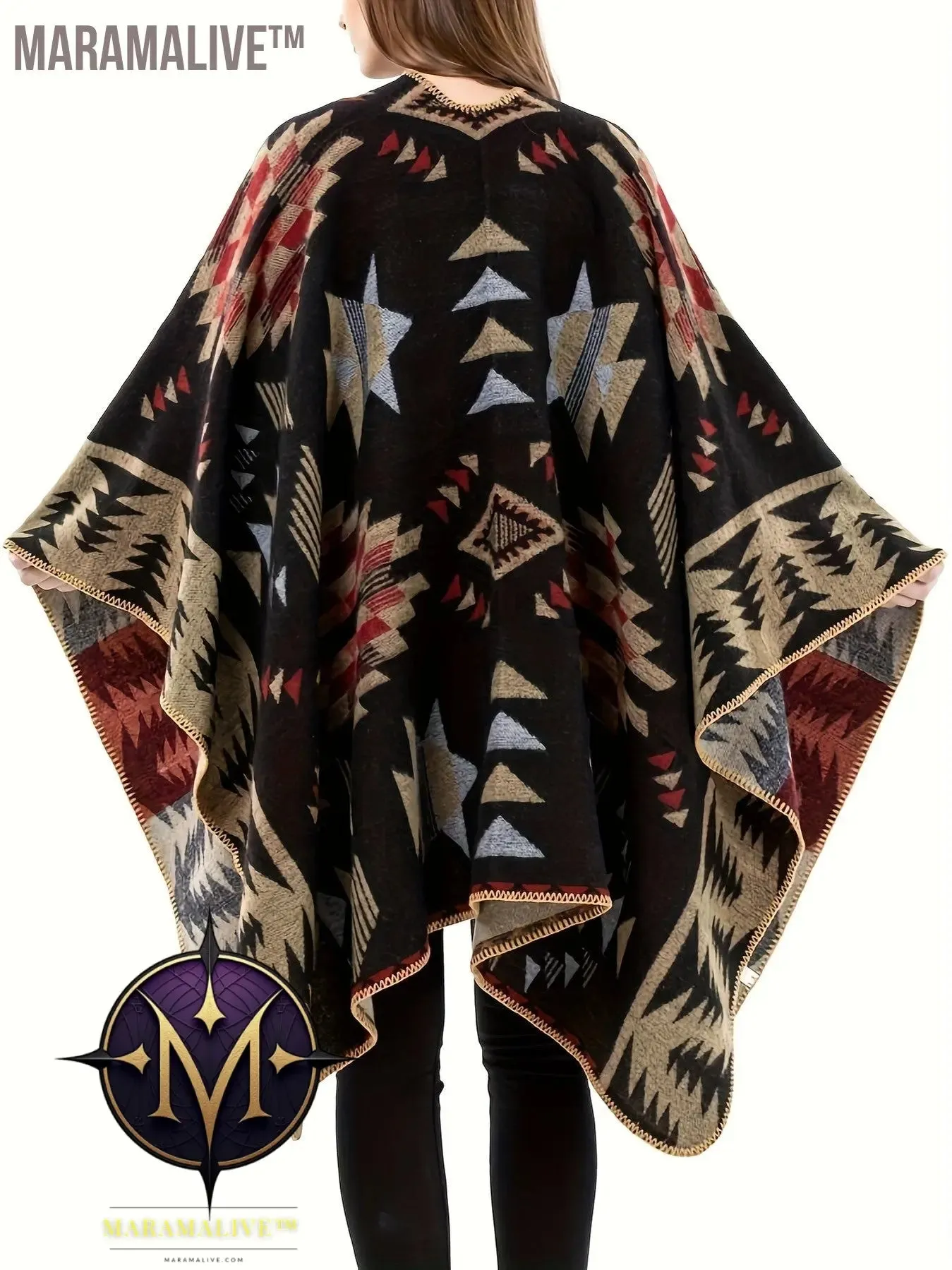 Plus Size Boho Coat, Women's Plus Aztec Print Batwing Sleeve Open Front Asymmetric Hem Shawl Cape Coat