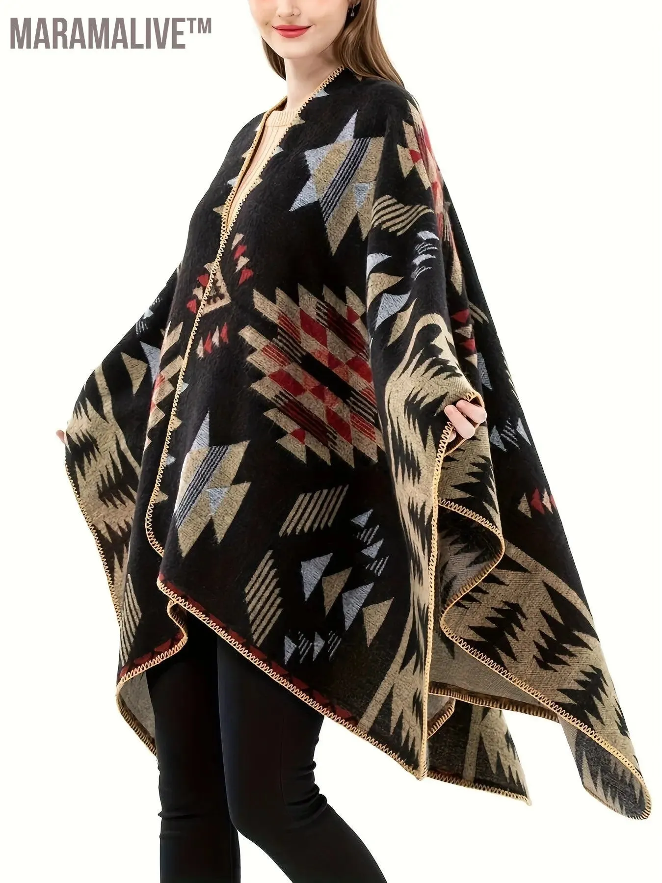 Plus Size Boho Coat, Women's Plus Aztec Print Batwing Sleeve Open Front Asymmetric Hem Shawl Cape Coat