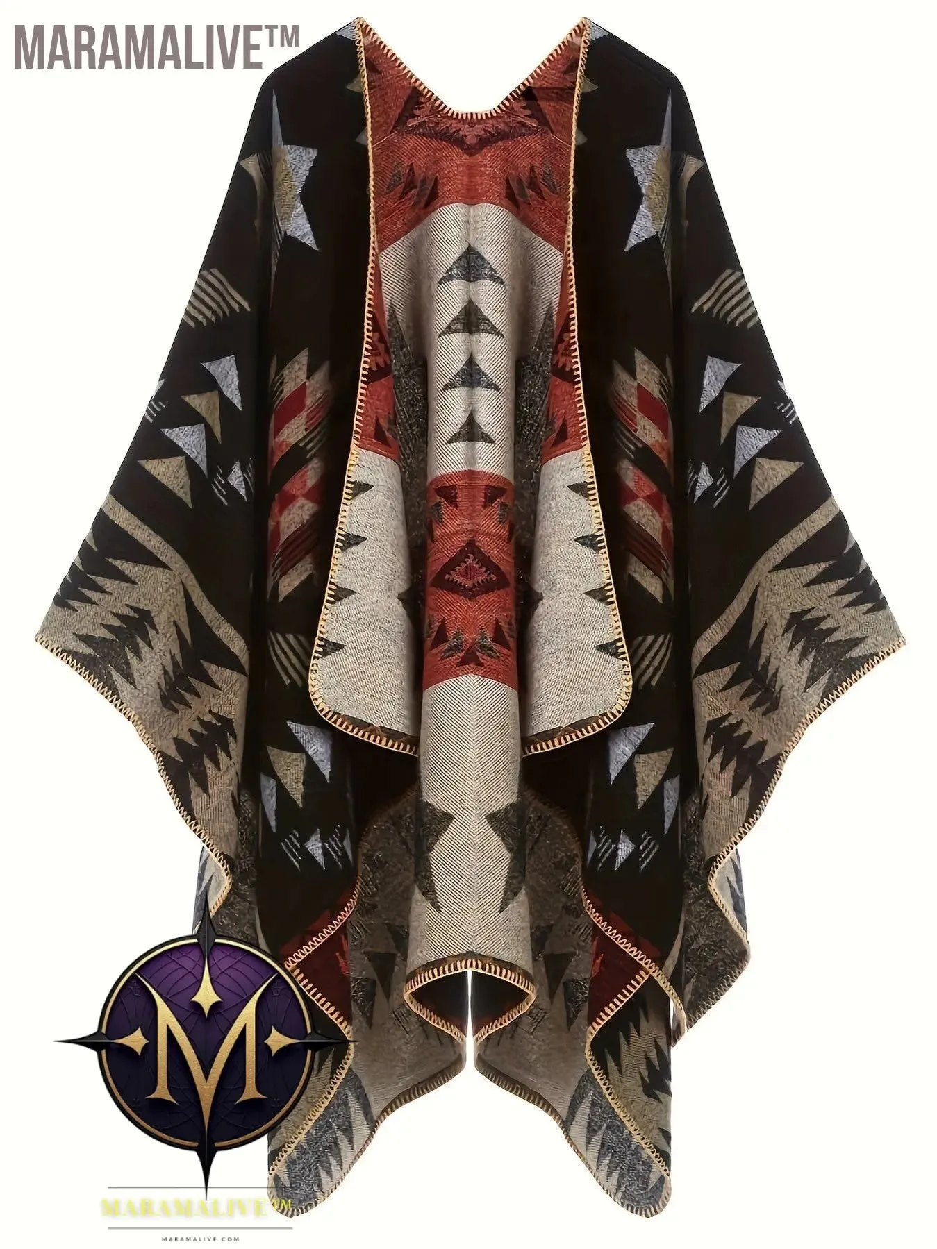 Plus Size Boho Coat, Women's Plus Aztec Print Batwing Sleeve Open Front Asymmetric Hem Shawl Cape Coat