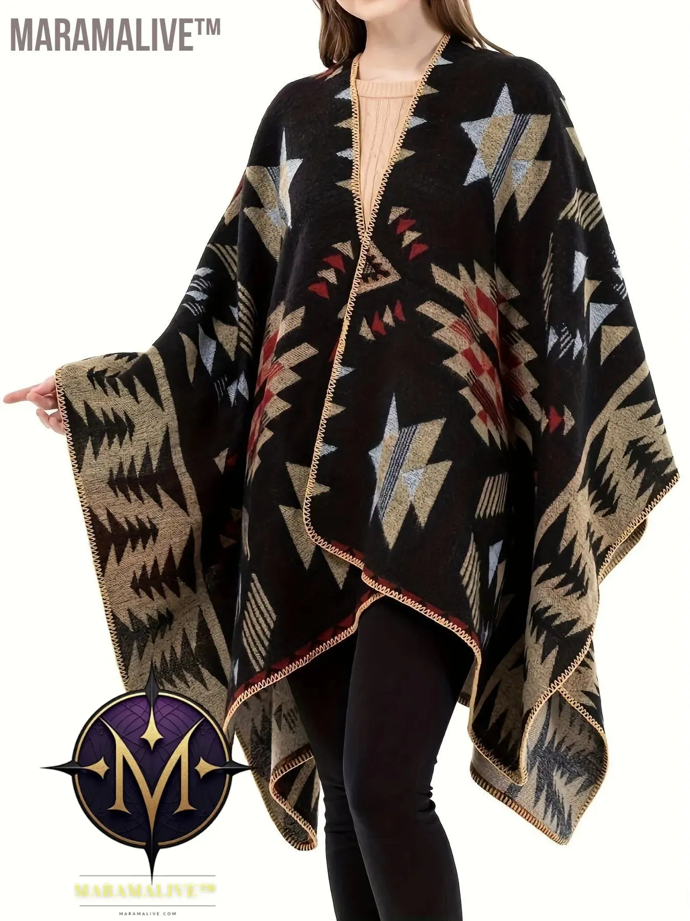 Plus Size Boho Coat, Women's Plus Aztec Print Batwing Sleeve Open Front Asymmetric Hem Shawl Cape Coat