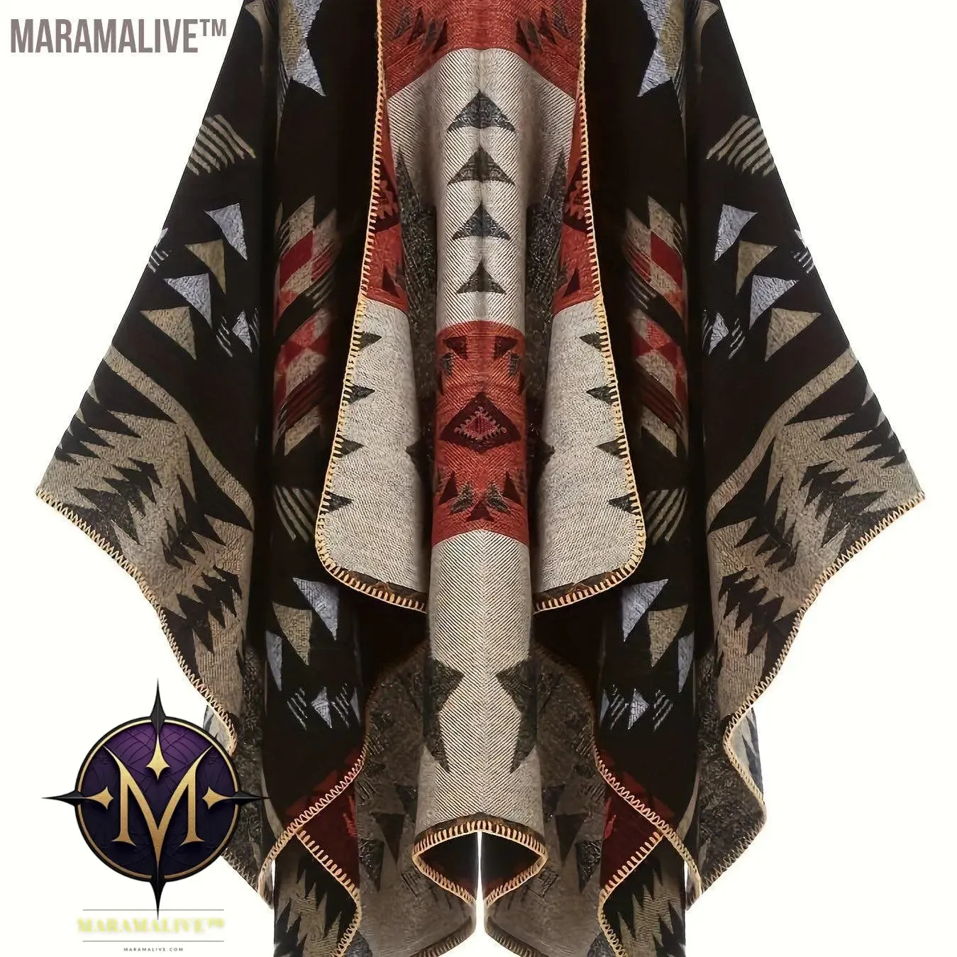 Plus Size Boho Coat, Women's Plus Aztec Print Batwing Sleeve Open Front Asymmetric Hem Shawl Cape Coat