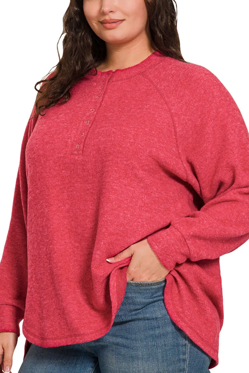 Plus Size November Nights Dark Red Brushed Hacci Henley Sweater