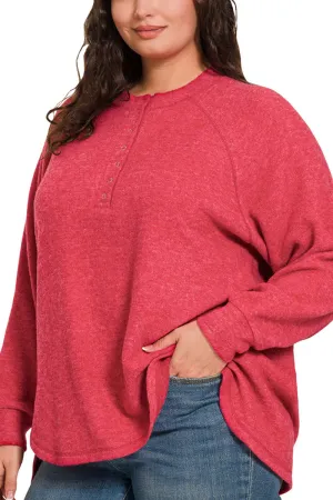 Plus Size November Nights Dark Red Brushed Hacci Henley Sweater