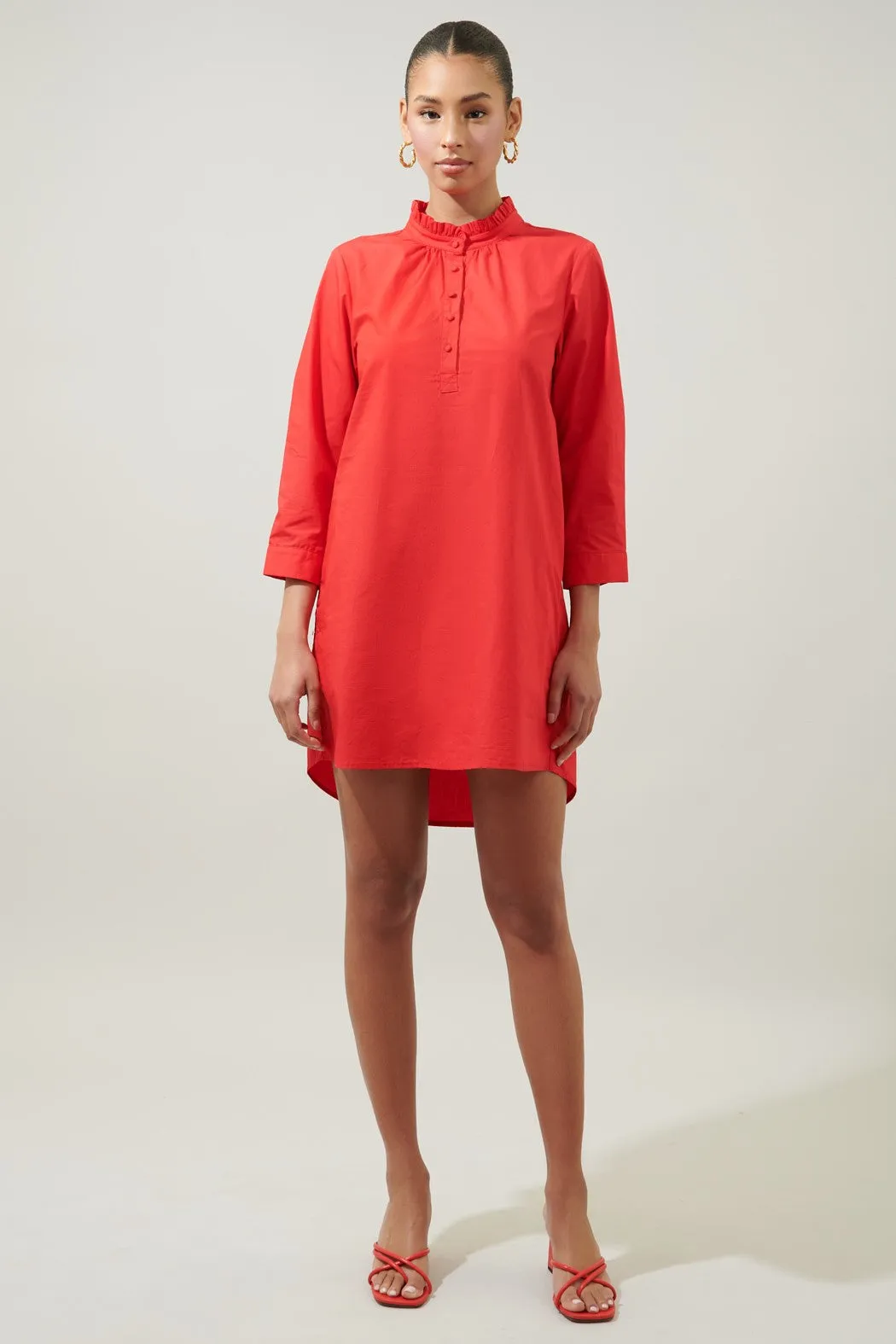 POPLIN COLLARED SHIRT DRESS - RED