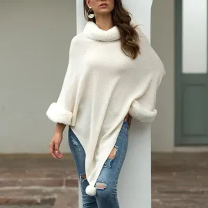 Pullover Pompom Fur Collar Sleeves Sweater Cloak Shawl Cape