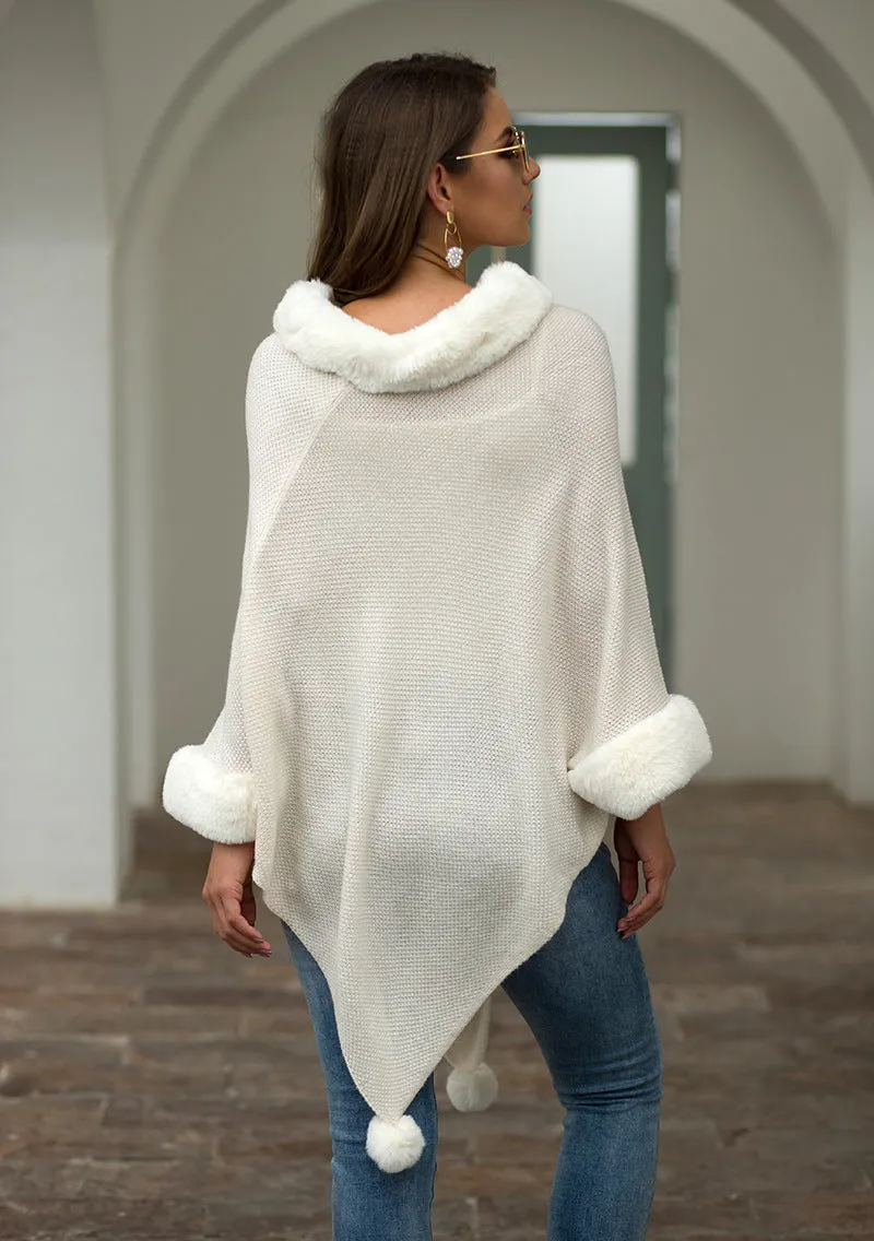 Pullover Pompom Fur Collar Sleeves Sweater Cloak Shawl Cape