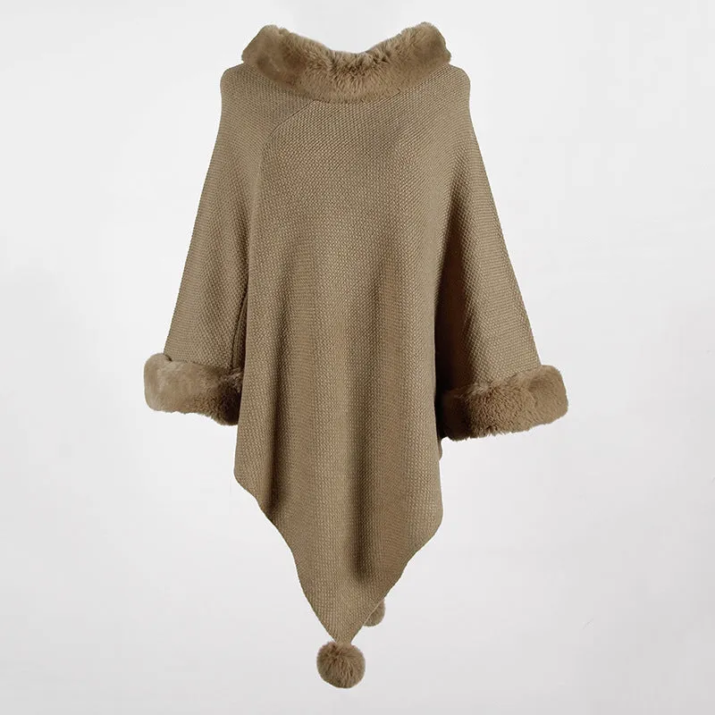 Pullover Pompom Fur Collar Sleeves Sweater Cloak Shawl Cape