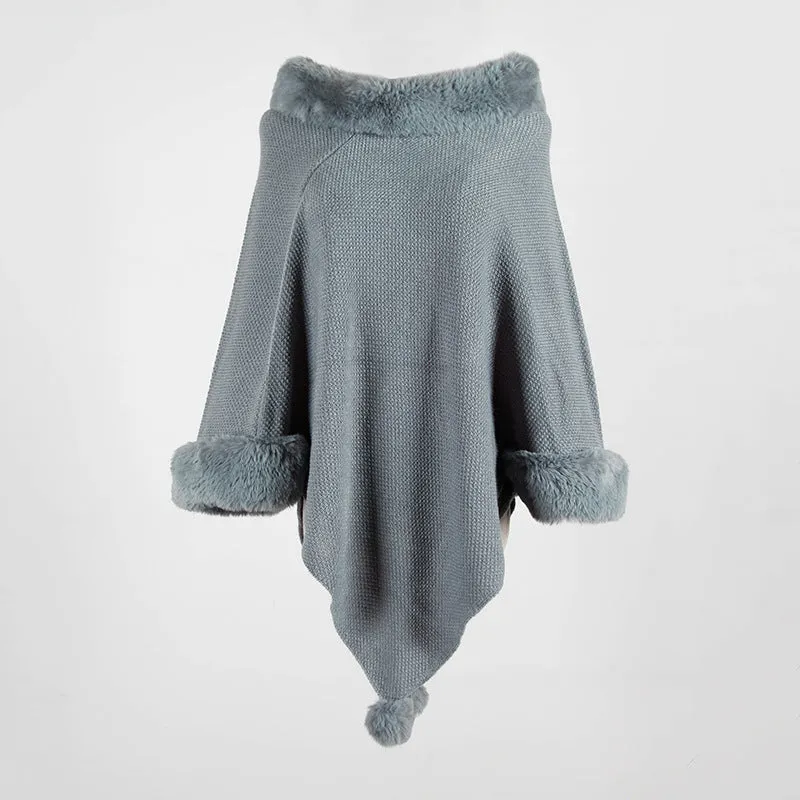 Pullover Pompom Fur Collar Sleeves Sweater Cloak Shawl Cape