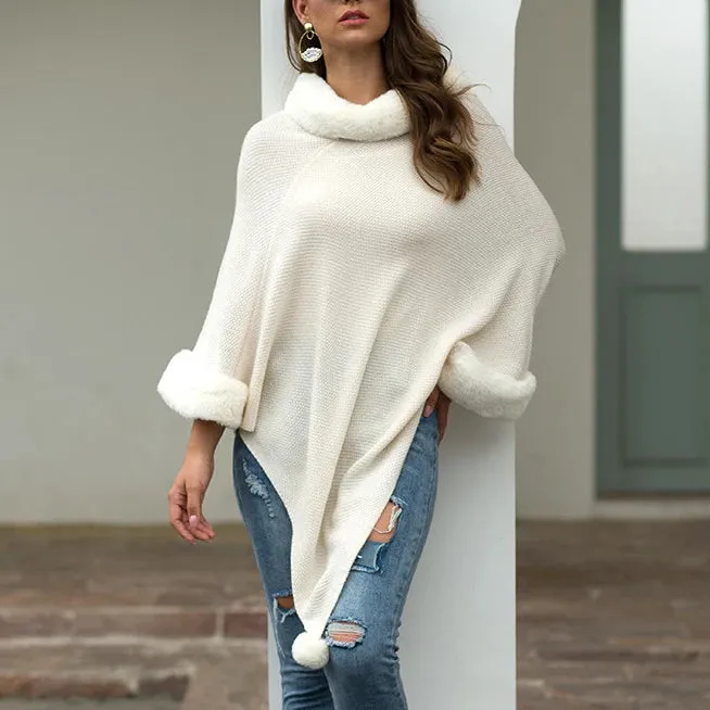 Pullover Pompom Fur Collar Sleeves Sweater Cloak Shawl Cape
