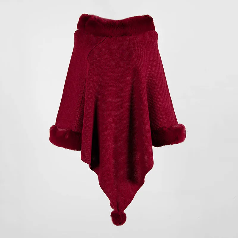 Pullover Pompom Fur Collar Sleeves Sweater Cloak Shawl Cape