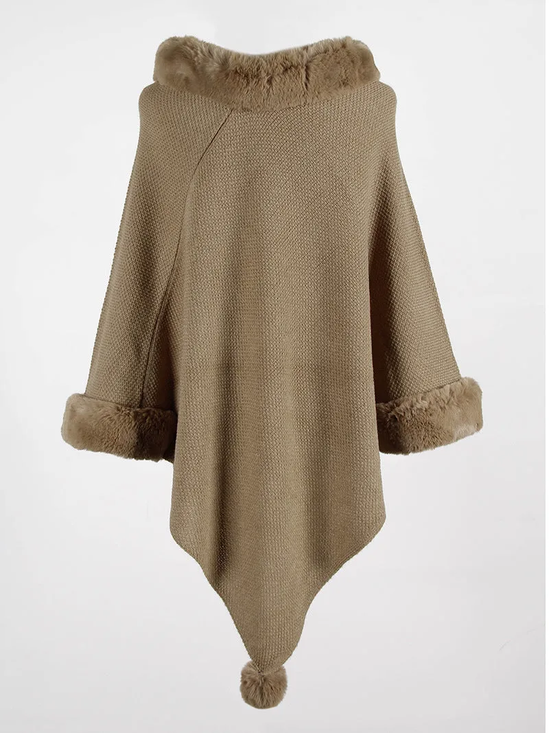 Pullover Pompom Fur Collar Sleeves Sweater Cloak Shawl Cape