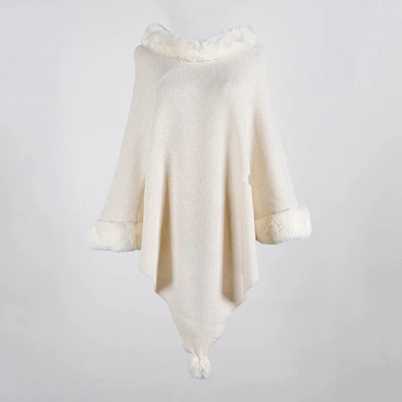 Pullover Pompom Fur Collar Sleeves Sweater Cloak Shawl Cape