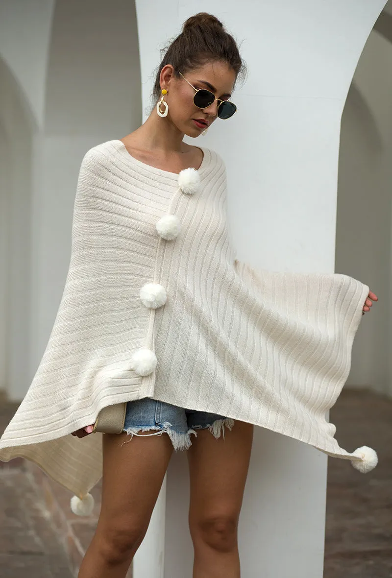 Pullover V-neck Collar Pompom Hypotenuse Sweater Cloak Shawl Cape Cardigans