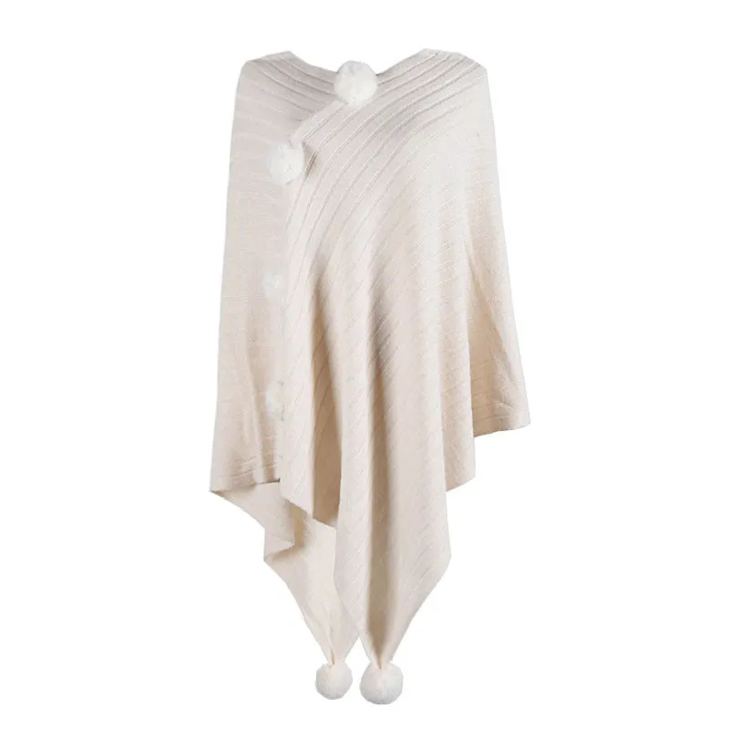 Pullover V-neck Collar Pompom Hypotenuse Sweater Cloak Shawl Cape Cardigans