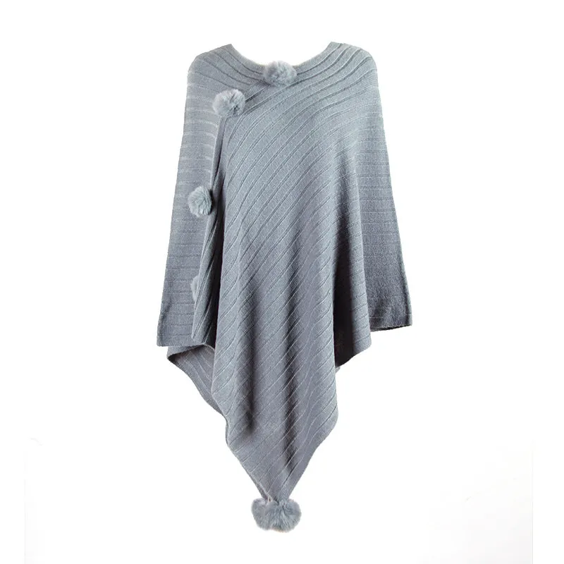 Pullover V-neck Collar Pompom Hypotenuse Sweater Cloak Shawl Cape Cardigans