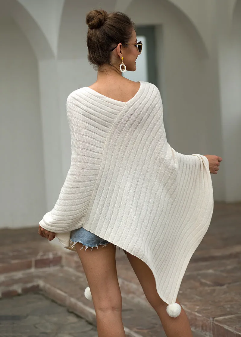Pullover V-neck Collar Pompom Hypotenuse Sweater Cloak Shawl Cape Cardigans