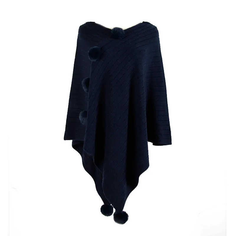 Pullover V-neck Collar Pompom Hypotenuse Sweater Cloak Shawl Cape Cardigans