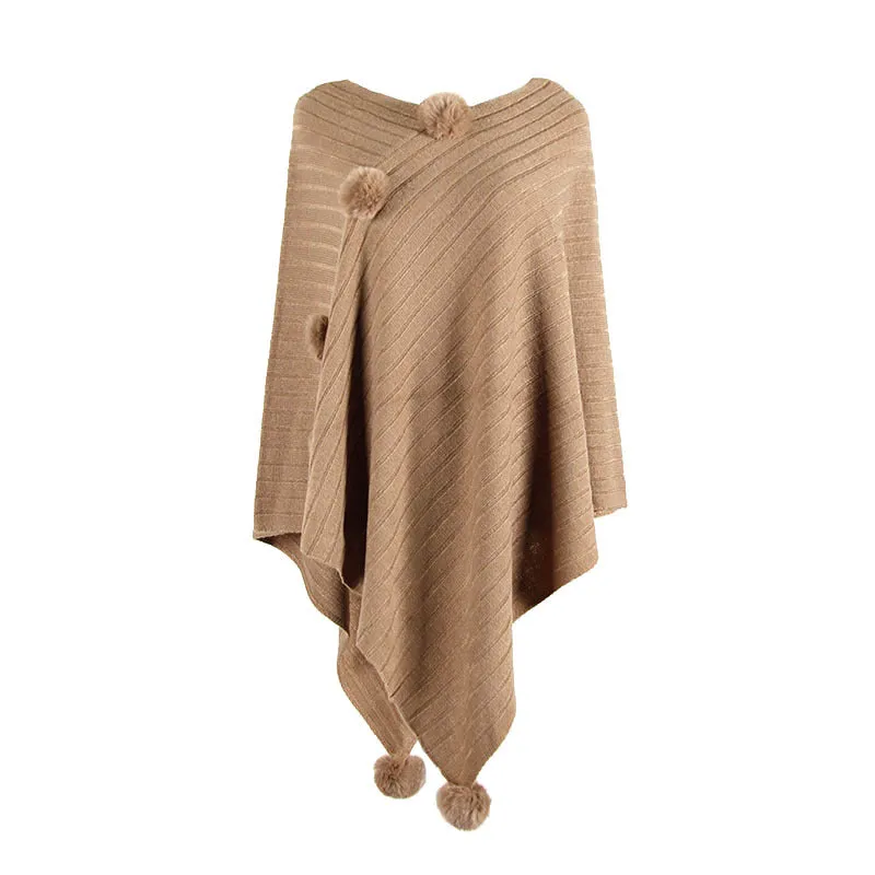 Pullover V-neck Collar Pompom Hypotenuse Sweater Cloak Shawl Cape Cardigans