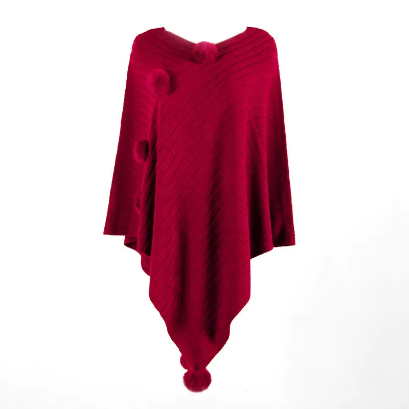 Pullover V-neck Collar Pompom Hypotenuse Sweater Cloak Shawl Cape Cardigans