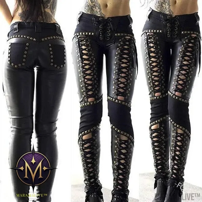 Punk Rock Leather Skinny Pants Strap Base Leather Pants