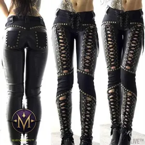 Punk Rock Leather Skinny Pants Strap Base Leather Pants