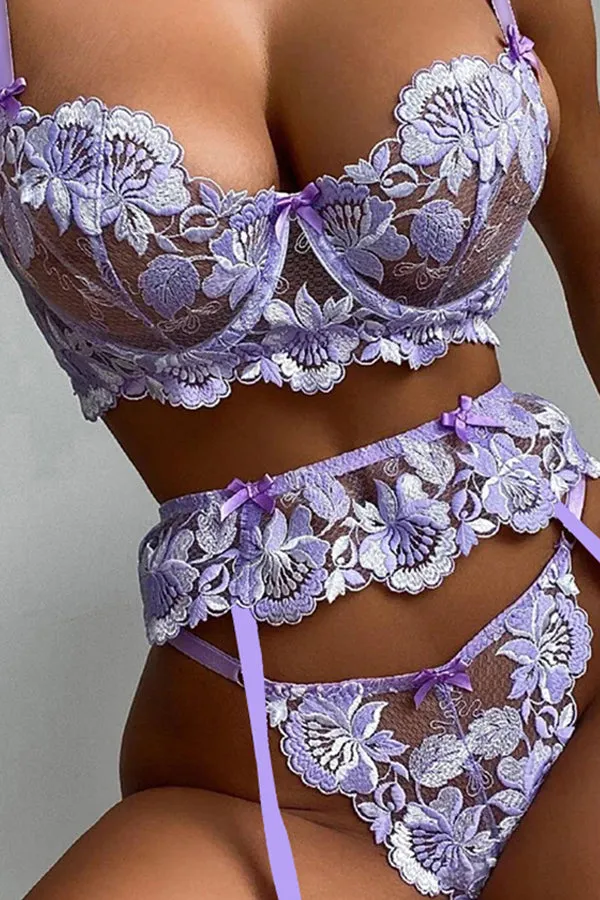 Purple Embroidery Floral Lace Underwire Garter Bra Set