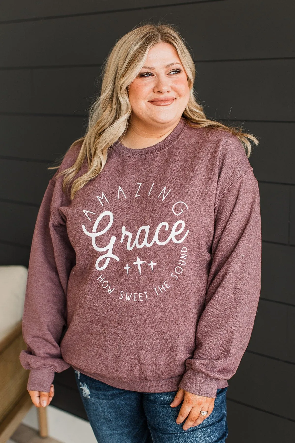 "Amazing Grace" Crew Neck Pullover- Plum