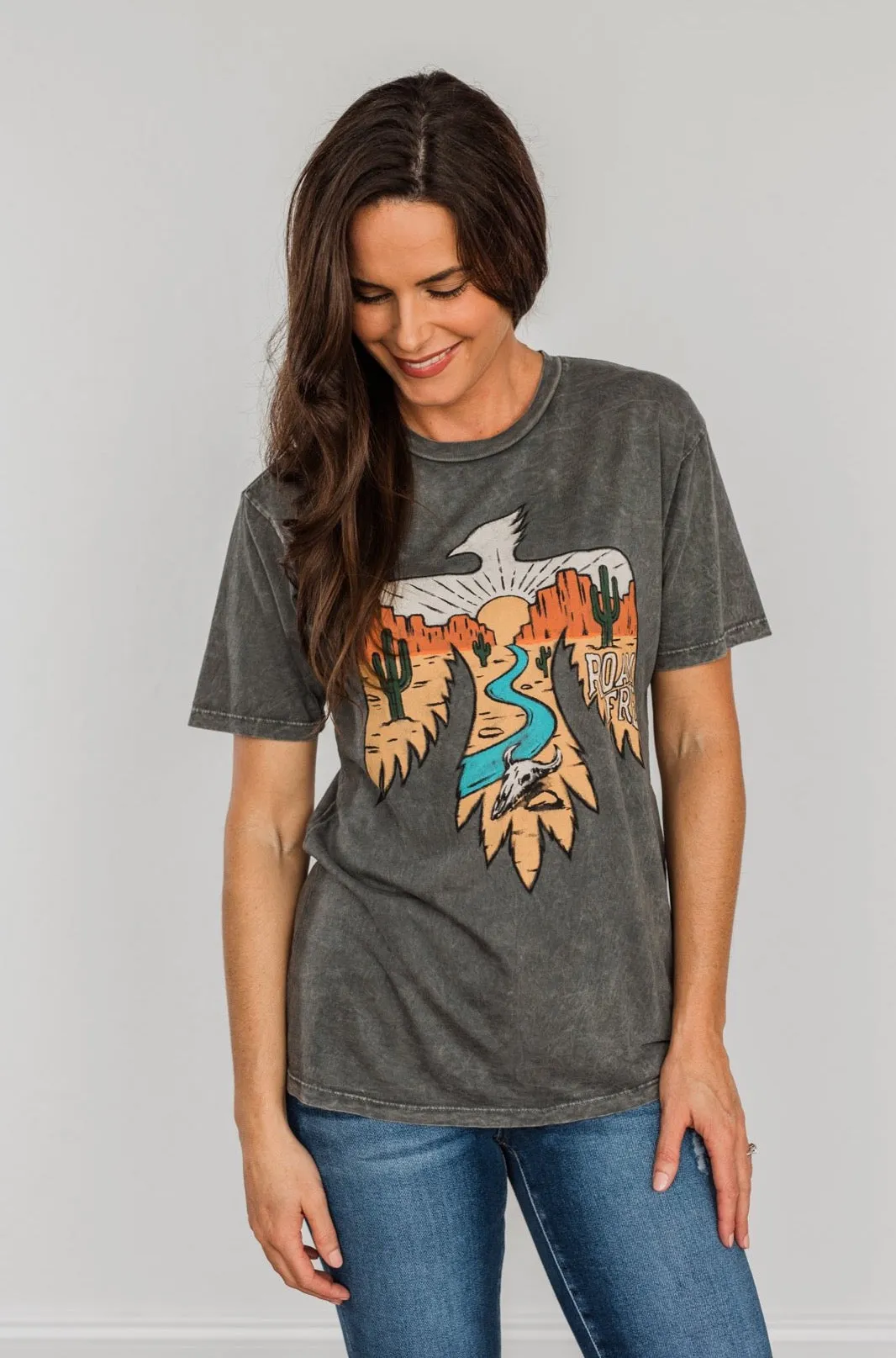 "Roam Free" Desert Bird Graphic Tee- Charcoal